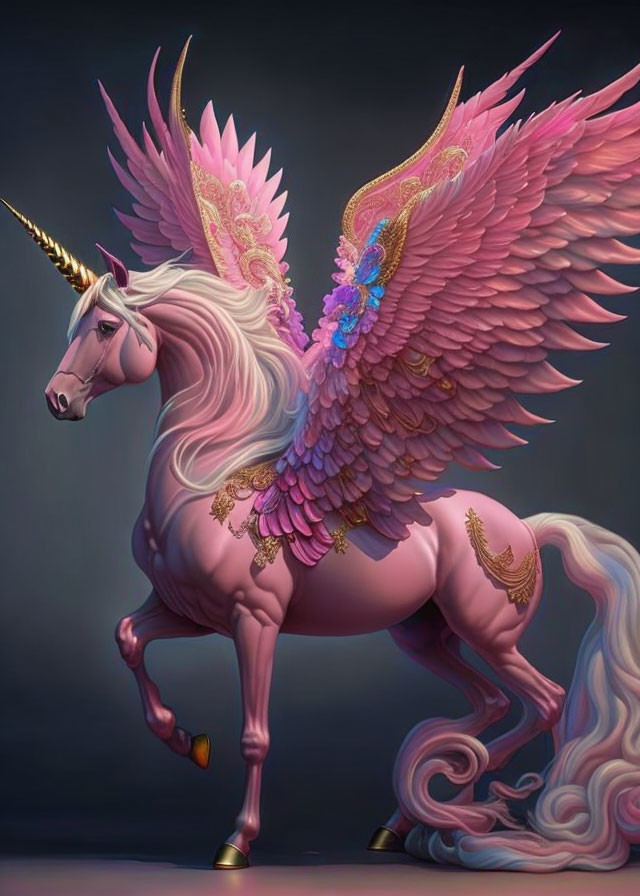 Pink Winged Unicorn Digital Illustration with Gold Accents