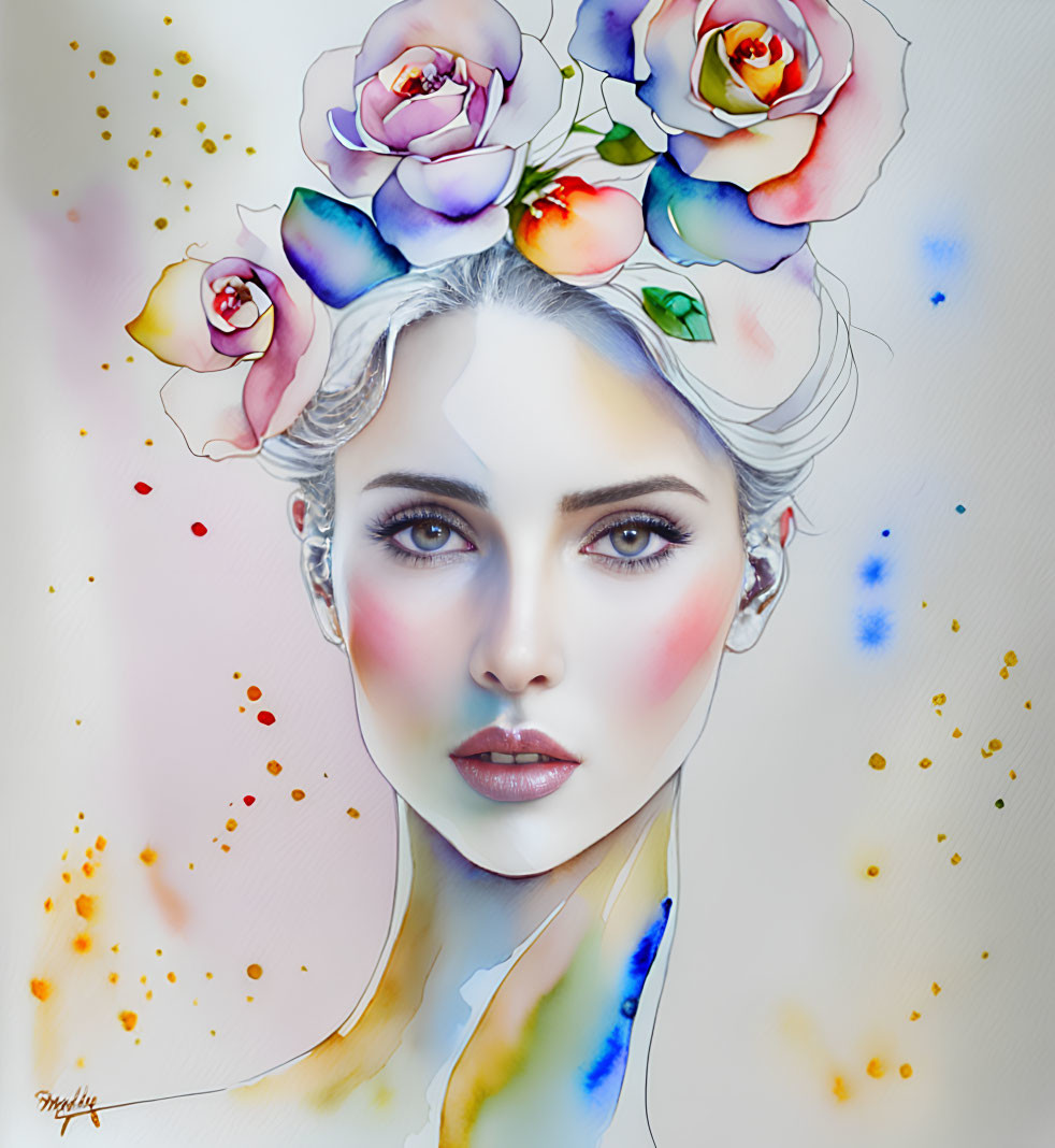 Colorful Watercolor Illustration of Woman with Flower Hair and Paint Splashes