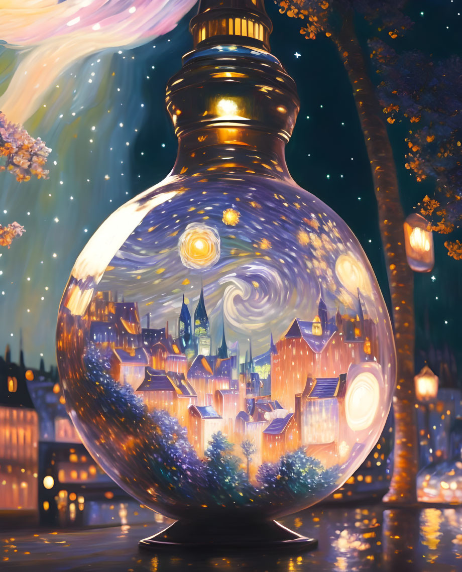 Whimsical painting of starry nightscape in oversized transparent bulb