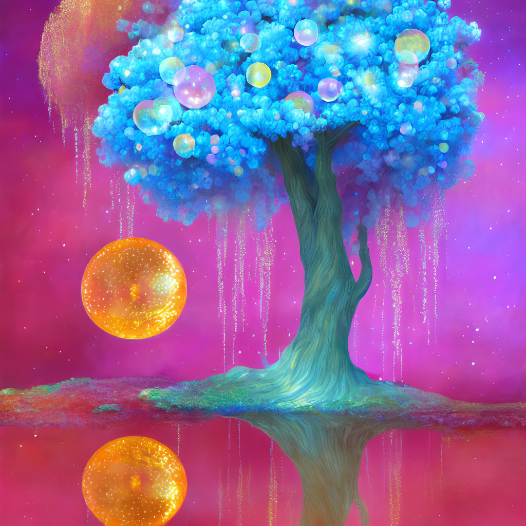 Blue Foliage Tree with Shimmering Bubbles on Magenta Surface