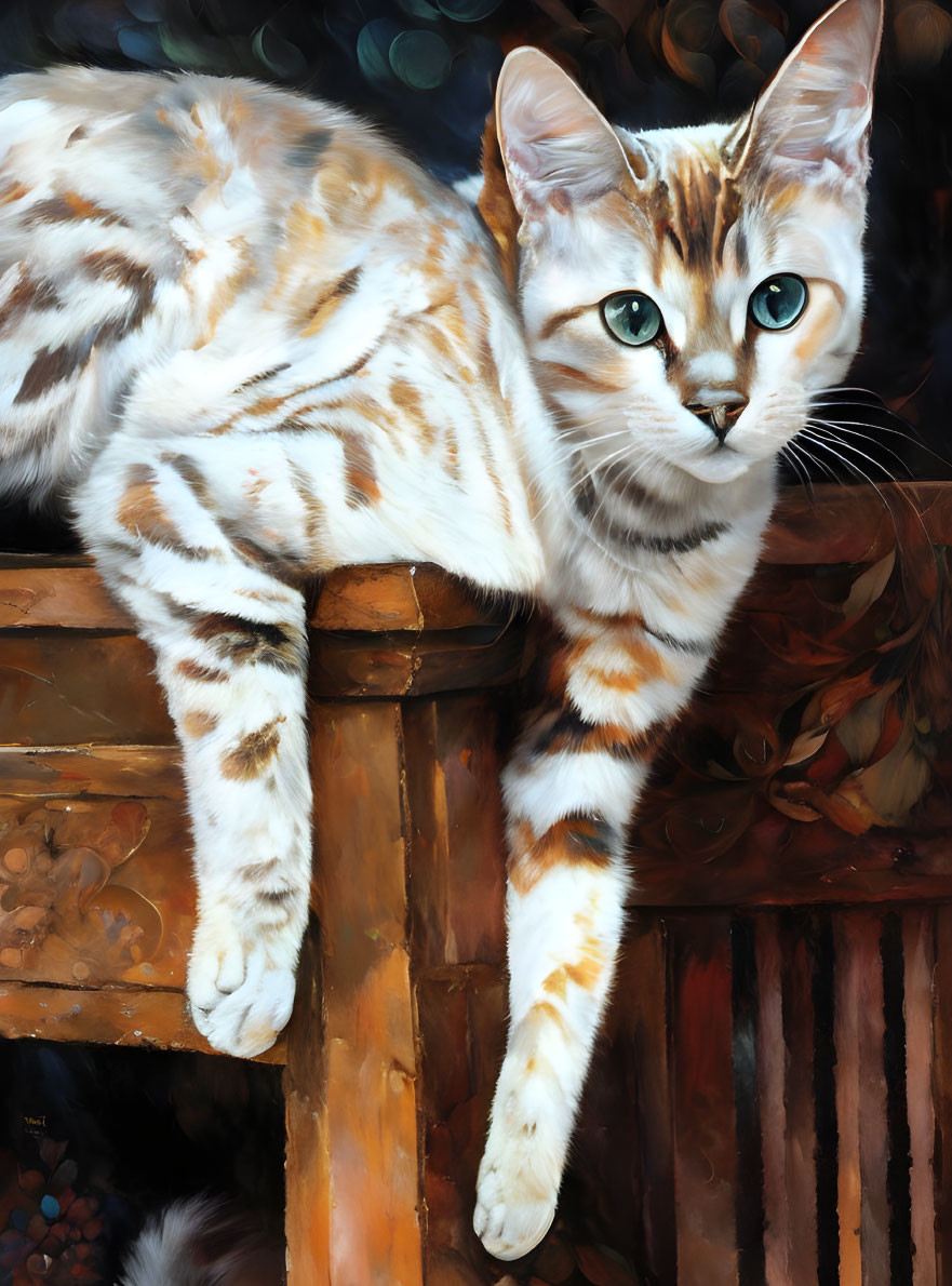Tabby-patterned domestic cat with blue eyes on wooden railing