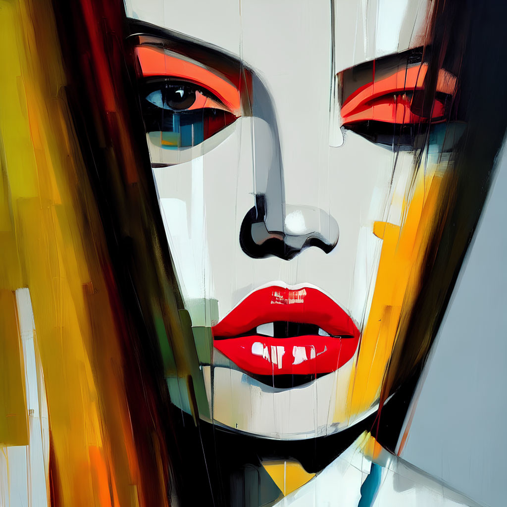 Colorful Abstract Portrait Featuring Woman's Eyes and Lips on Fragmented Background