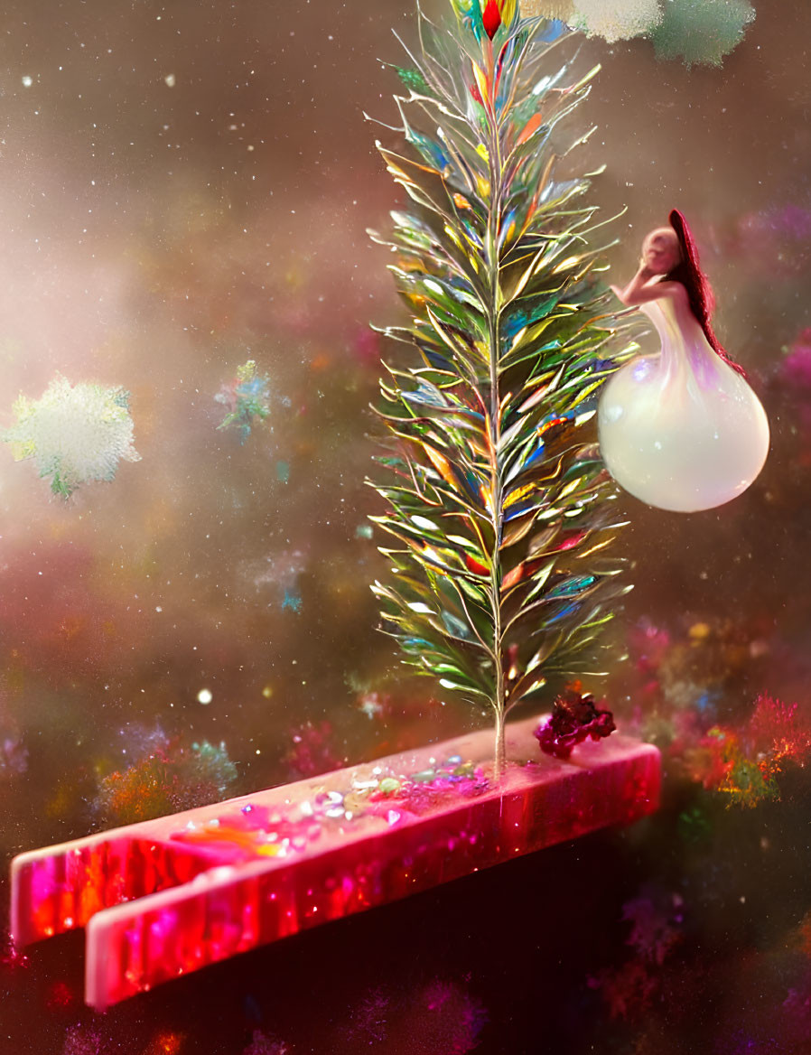 Woman in bulb-like structure near glowing Christmas tree on snowy platform