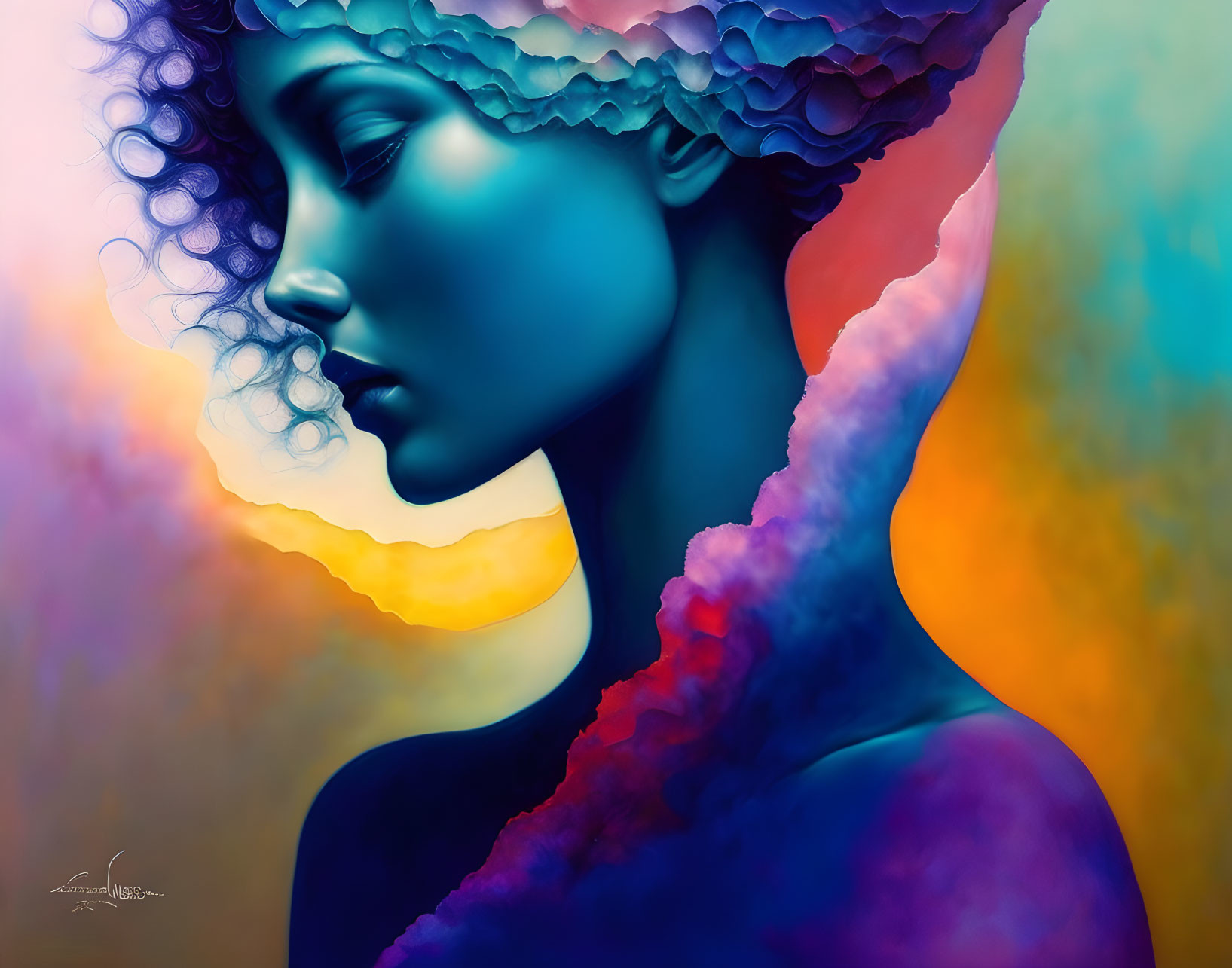 Colorful digital painting of woman with blue skin and ornate headpiece
