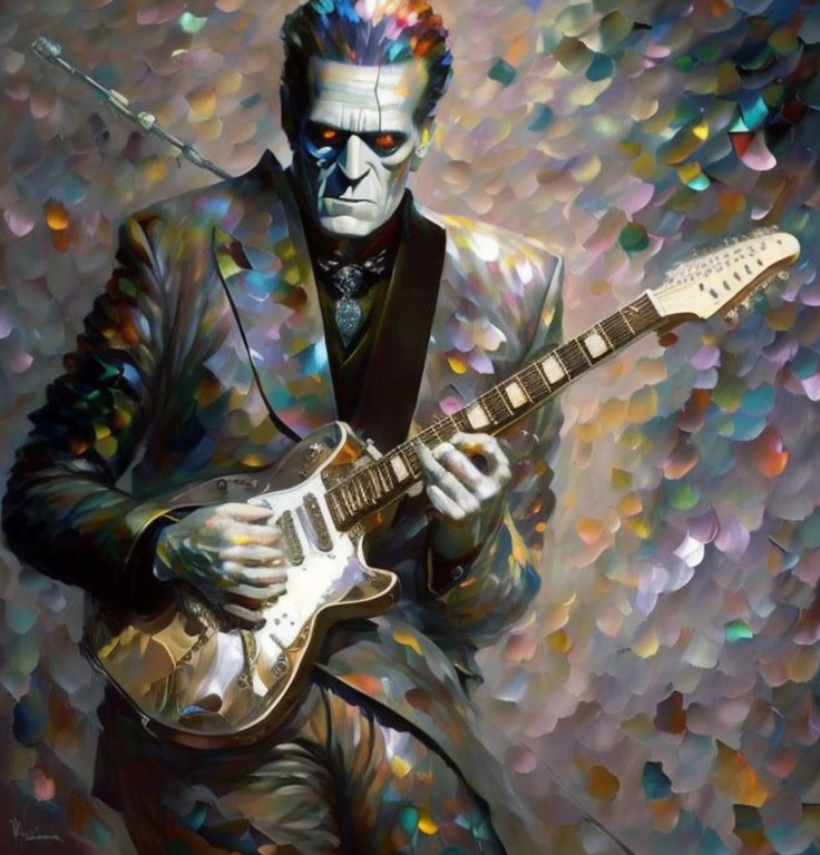 Colorful Stylized Skeleton Playing Electric Guitar in Suit