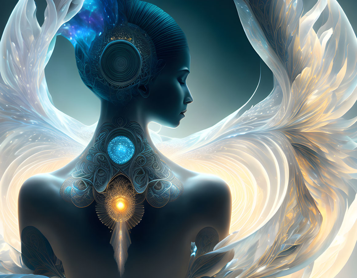 Woman with luminous wings and intricate body art in celestial backdrop