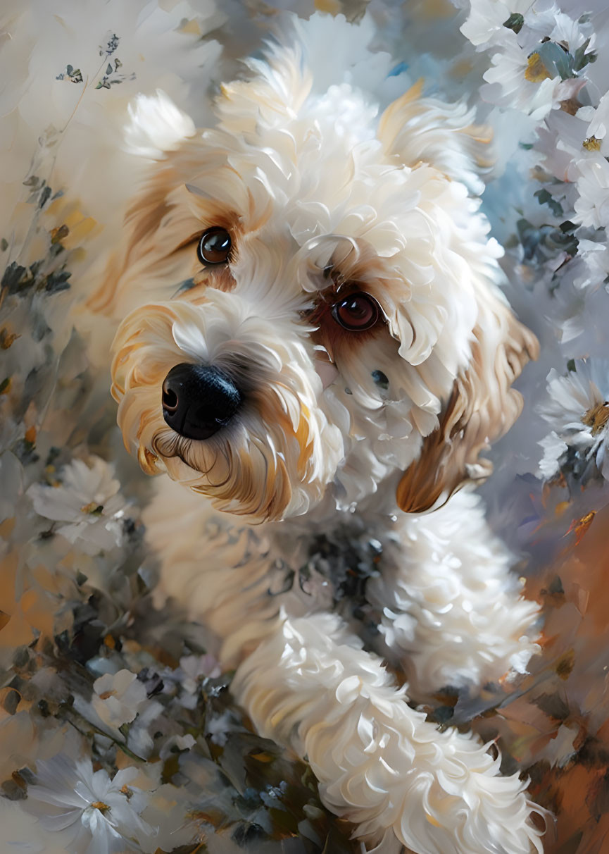 Fluffy white and tan dog with black nose in a floral setting