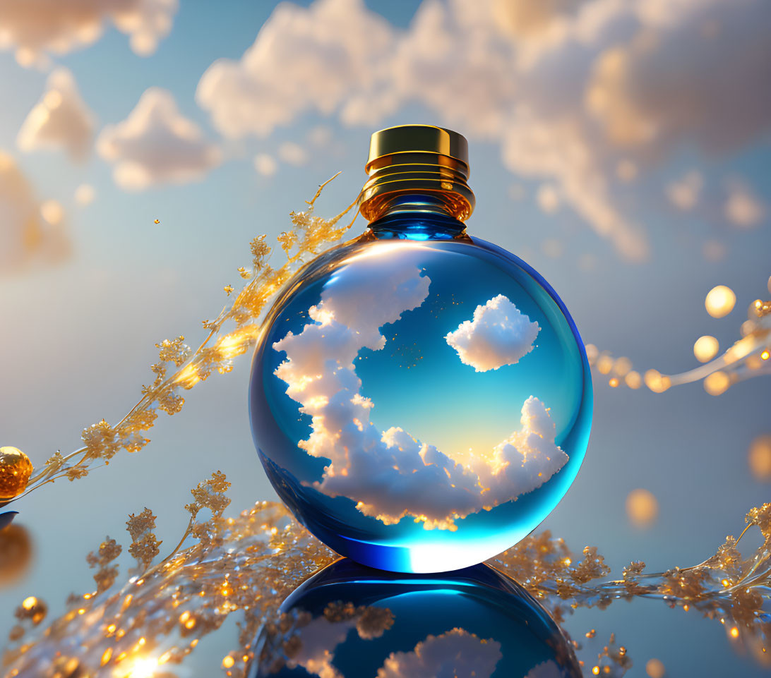 Glass perfume bottle with blue sky reflection on mirrored surface