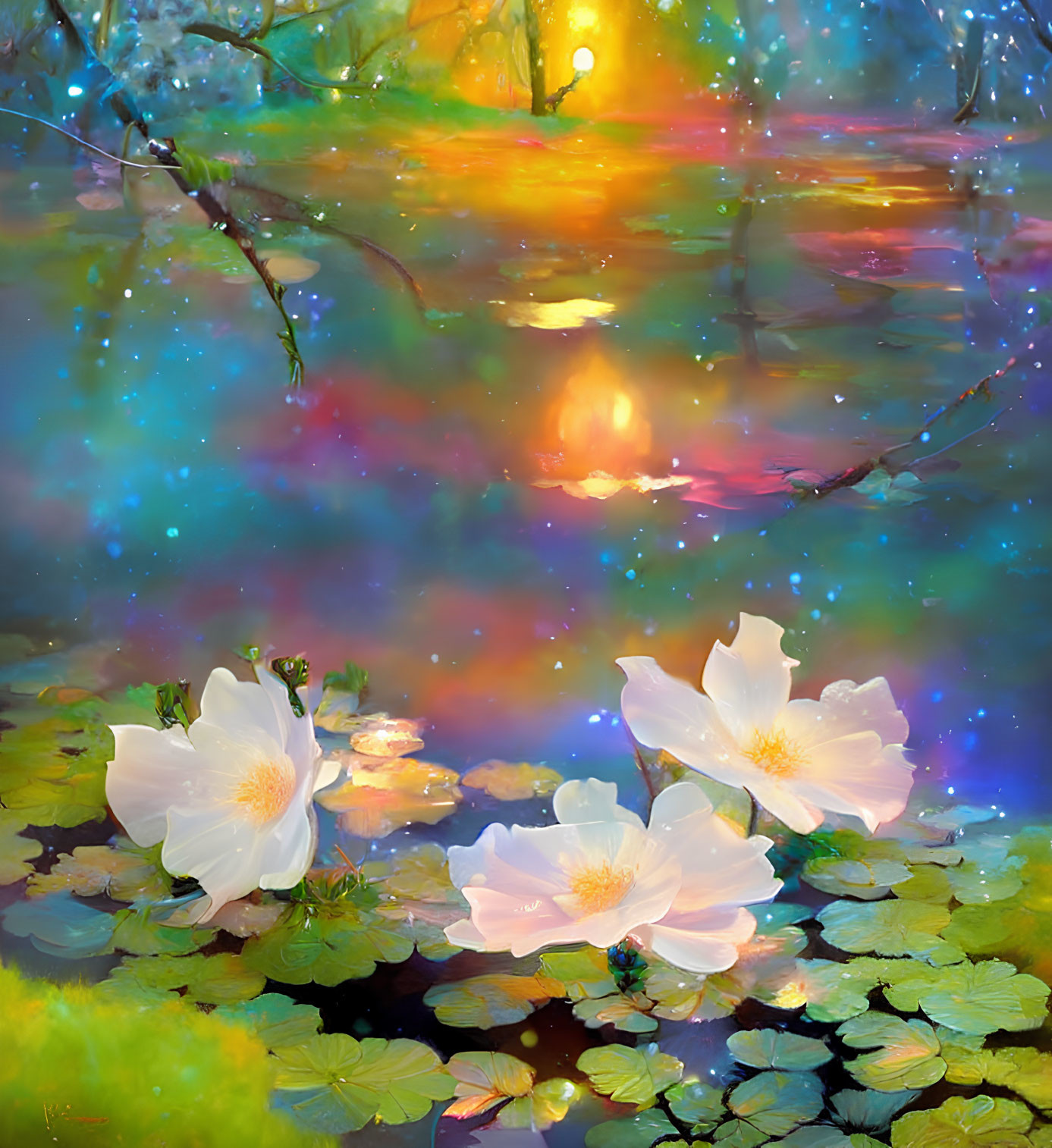 Colorful surreal scene: white flowers, lily pads, reflective water, sunset glow.