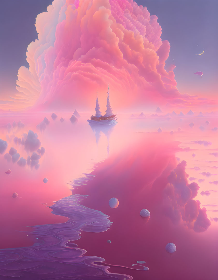 Fantastical landscape with floating island, towering spire, pink clouds, reflective water, orbs,