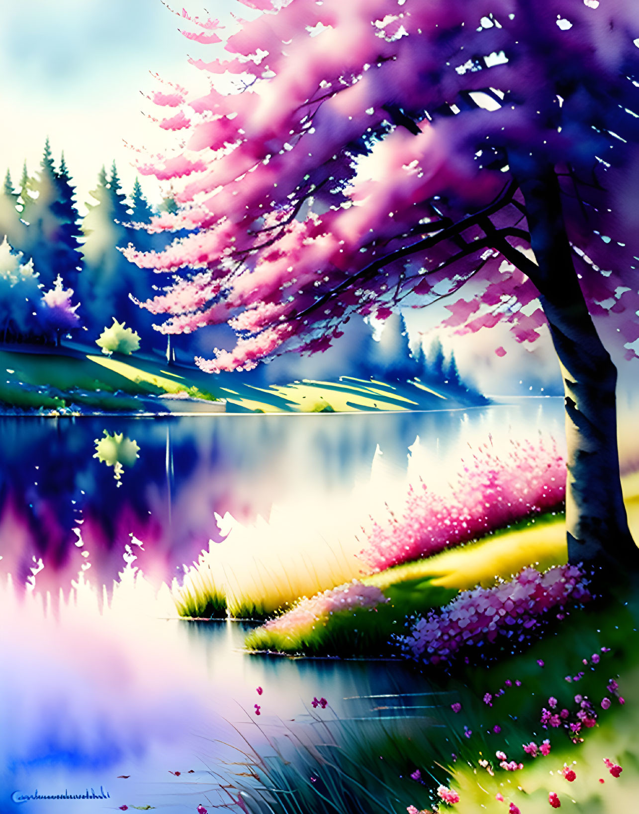 Scenic lakeside view with blossoming pink tree and lush greenery