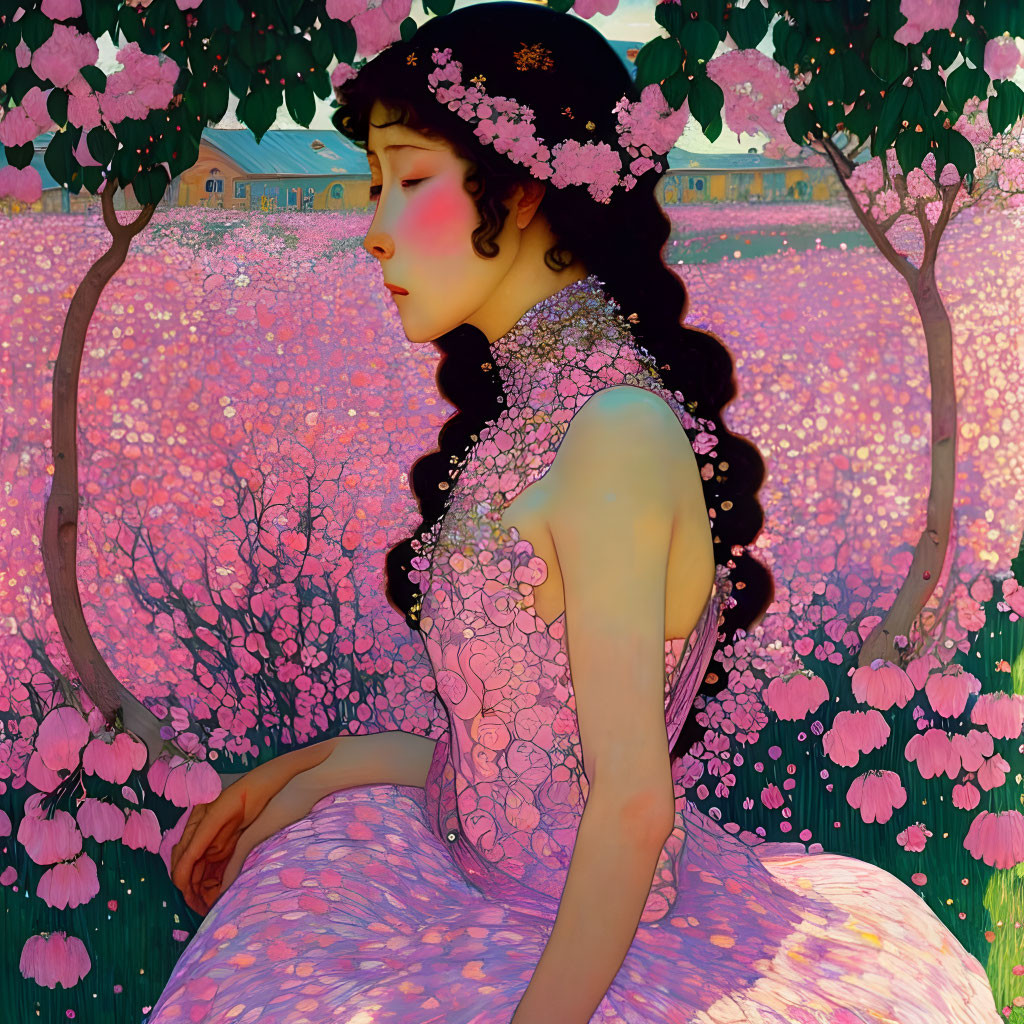 Woman in Pink Floral Dress Surrounded by Cherry Blossom Trees
