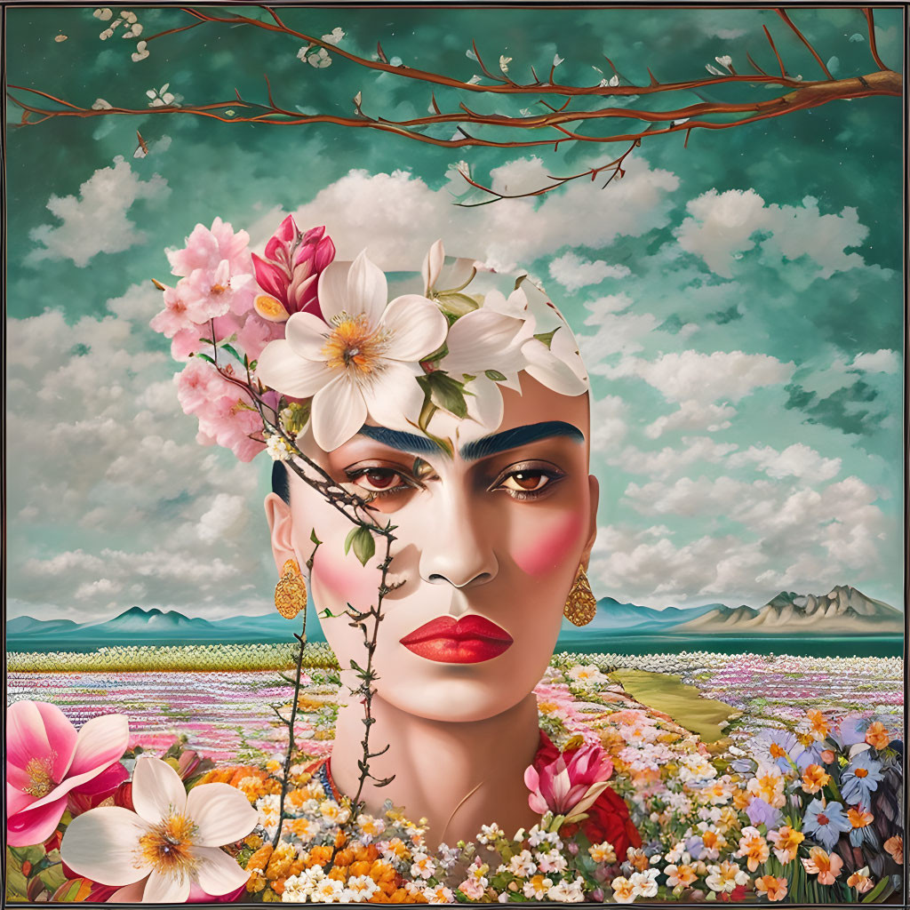 Portrait of woman with floral head merge, blossoming branches, flowers on face, vibrant flower field,