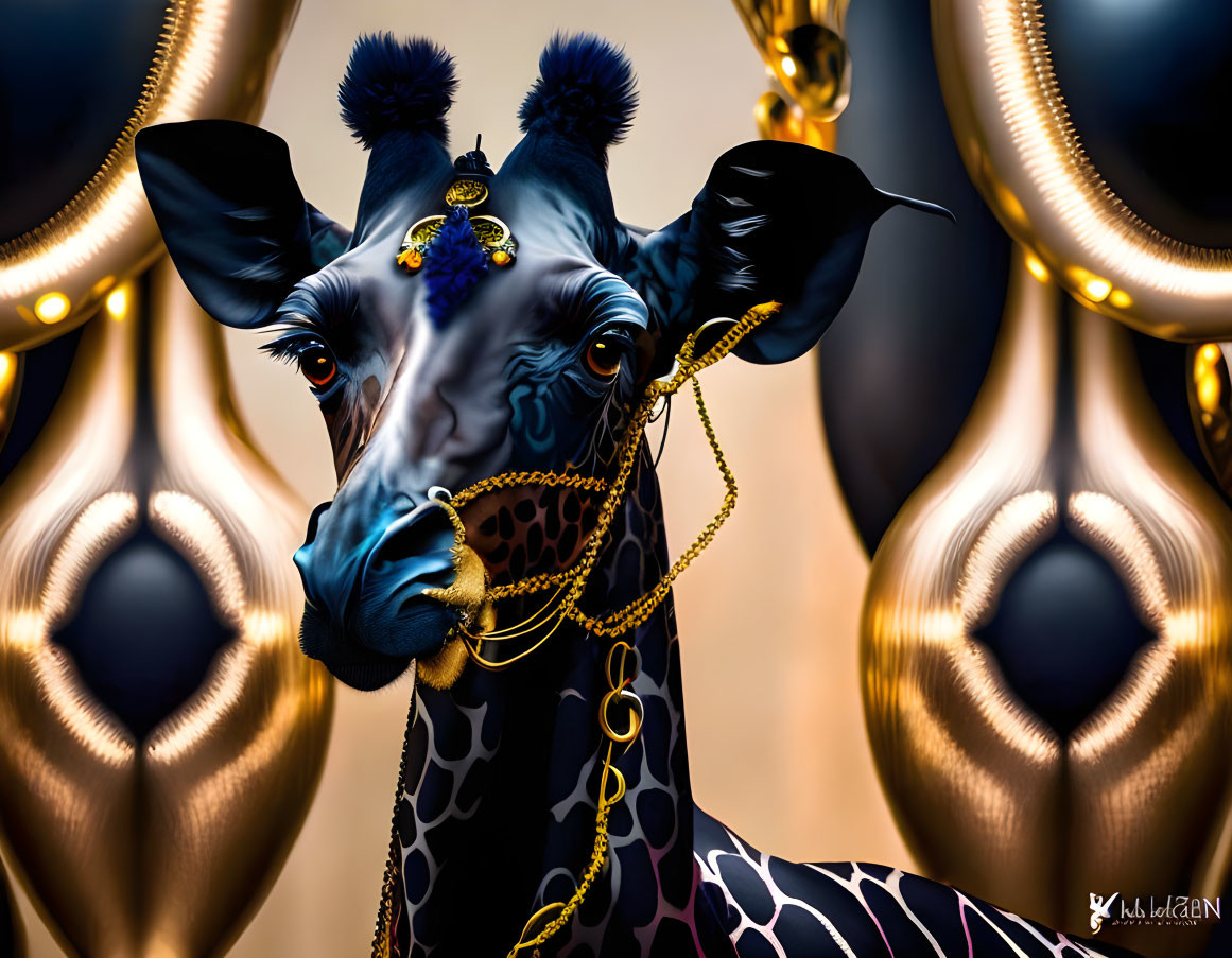 Stylized giraffe with intricate facial patterns on golden abstract backdrop