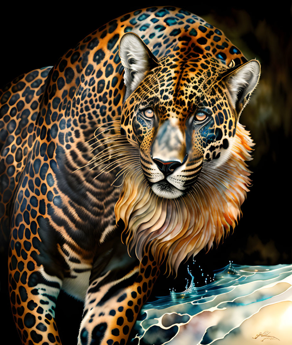 Detailed Jaguar Illustration with Fur Patterns Near Water