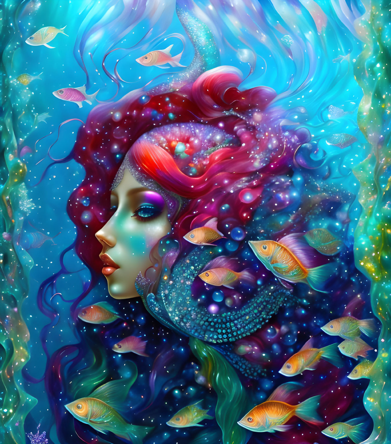 Colorful underwater illustration of a woman with red hair and blue skin surrounded by fish.