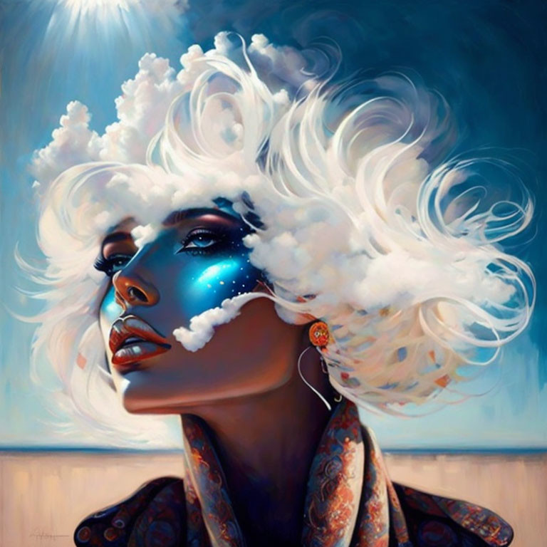 Woman portrait with cloud hair and starry skin in surreal style