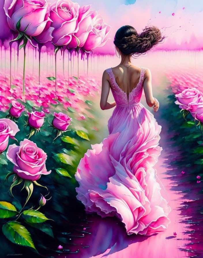 Woman in flowing pink gown among giant roses under pink sky with elegant updo