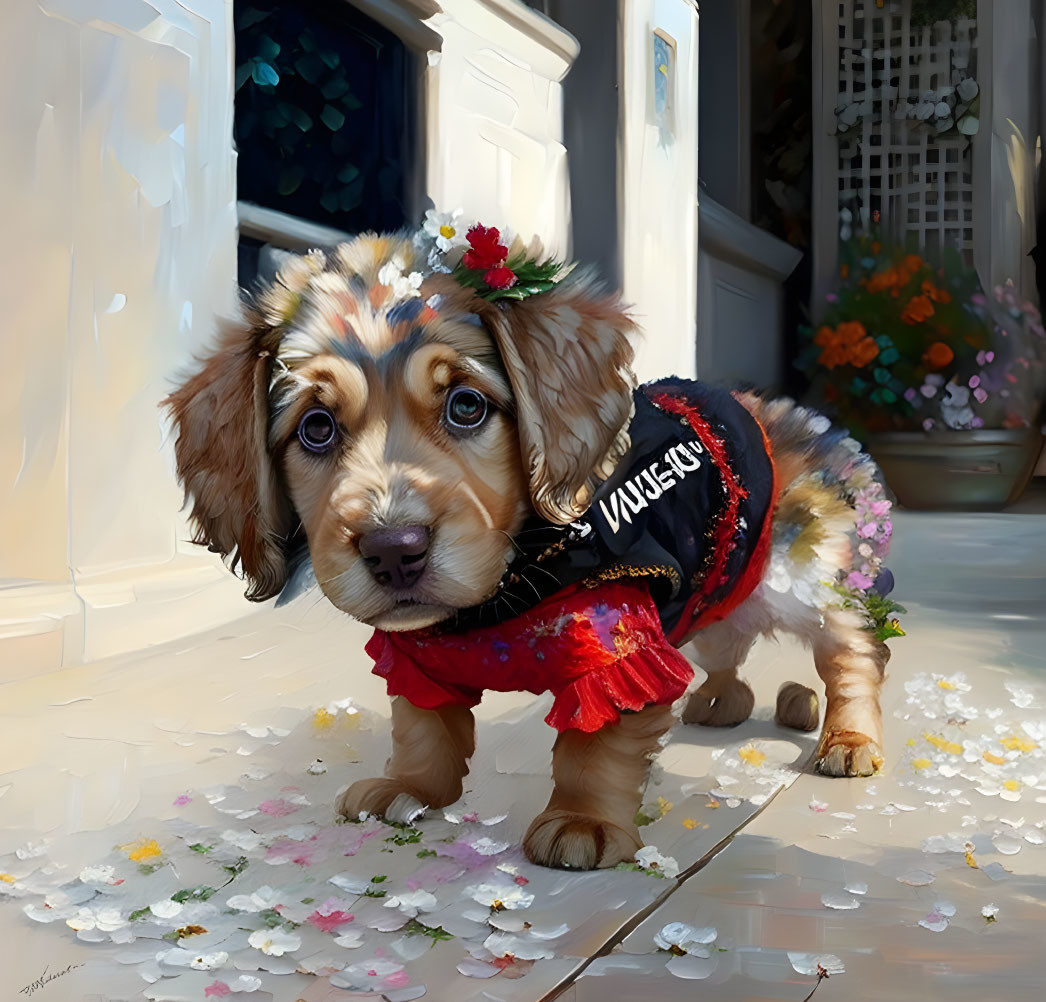 Adorable Puppy in Red Vest and Scarf with Flowers on Sunny Porch