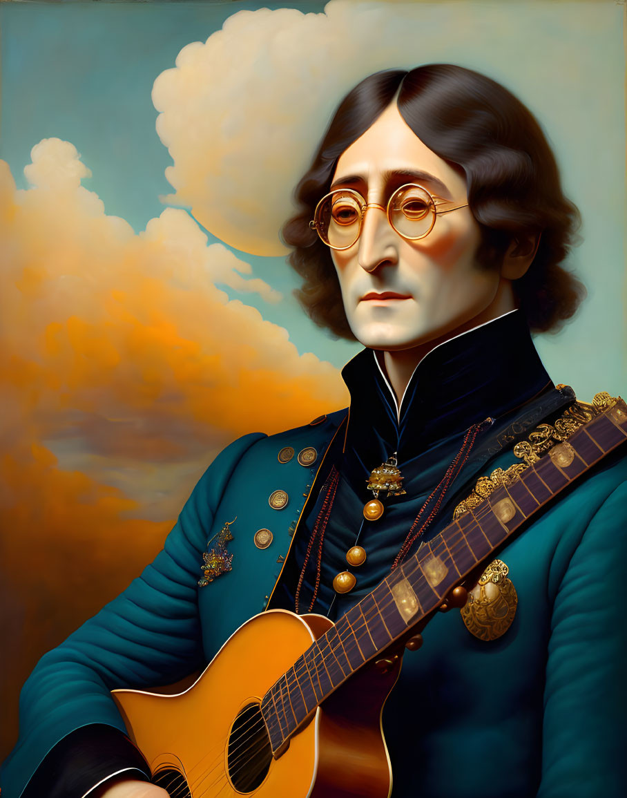 Stylized portrait of man with round glasses, long hair, military-style coat, and guitar against