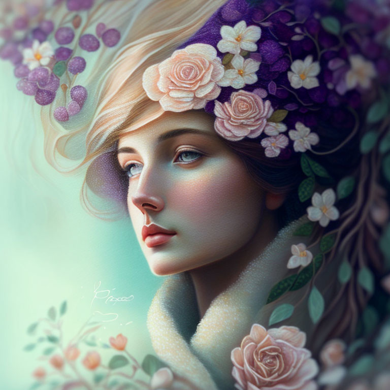Woman with Floral Headdress in Pastel Colors