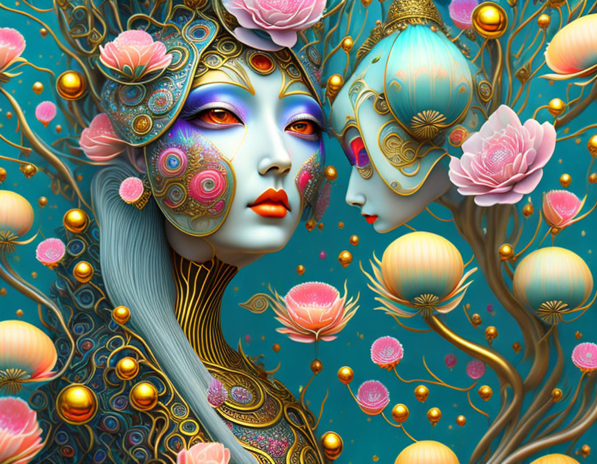Stylized surreal female faces with intricate adornments and floral motif