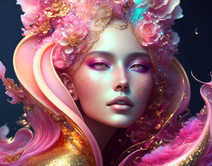 Fantasy female digital art portrait with elaborate floral headpiece and vibrant pink hues