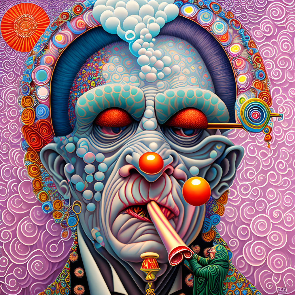 Colorful surreal portrait with patterned face and trumpet player