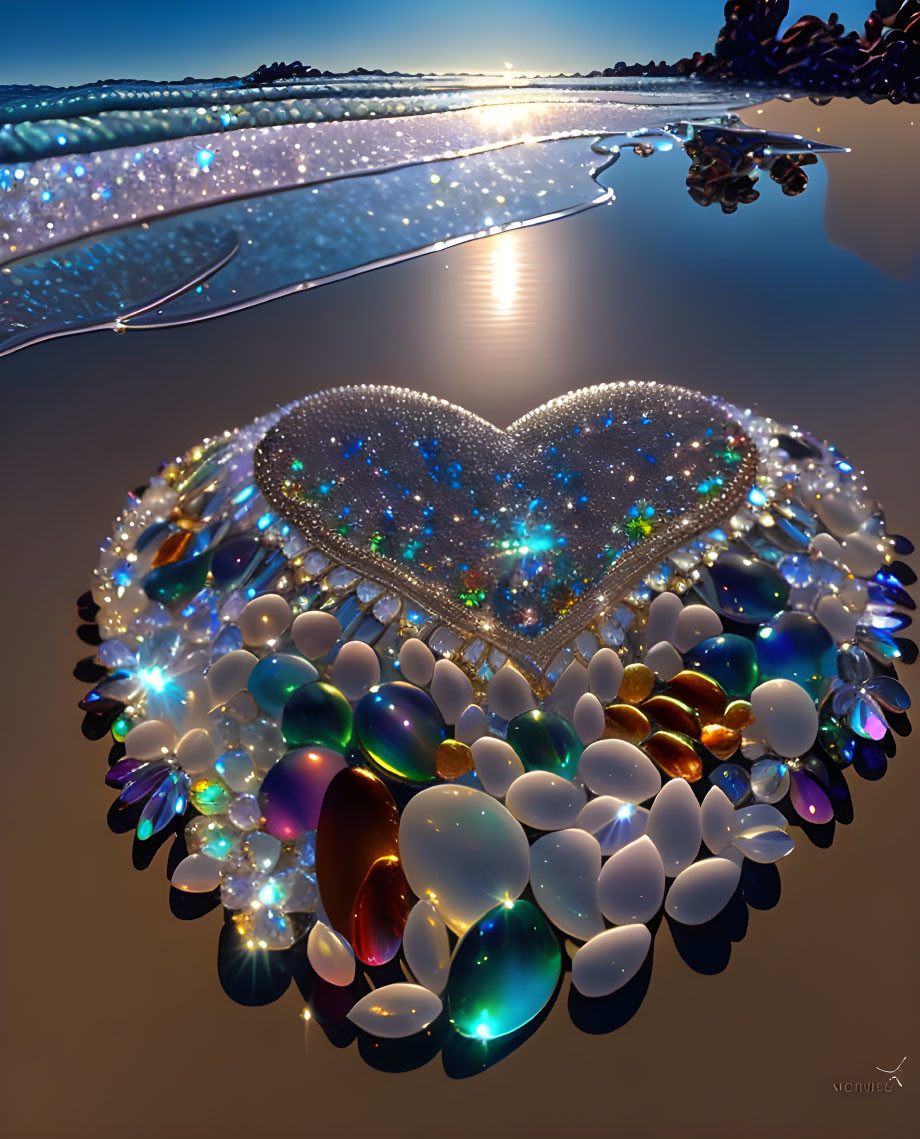 Luminous gemstone heart artwork on glossy surface with glittery horizon