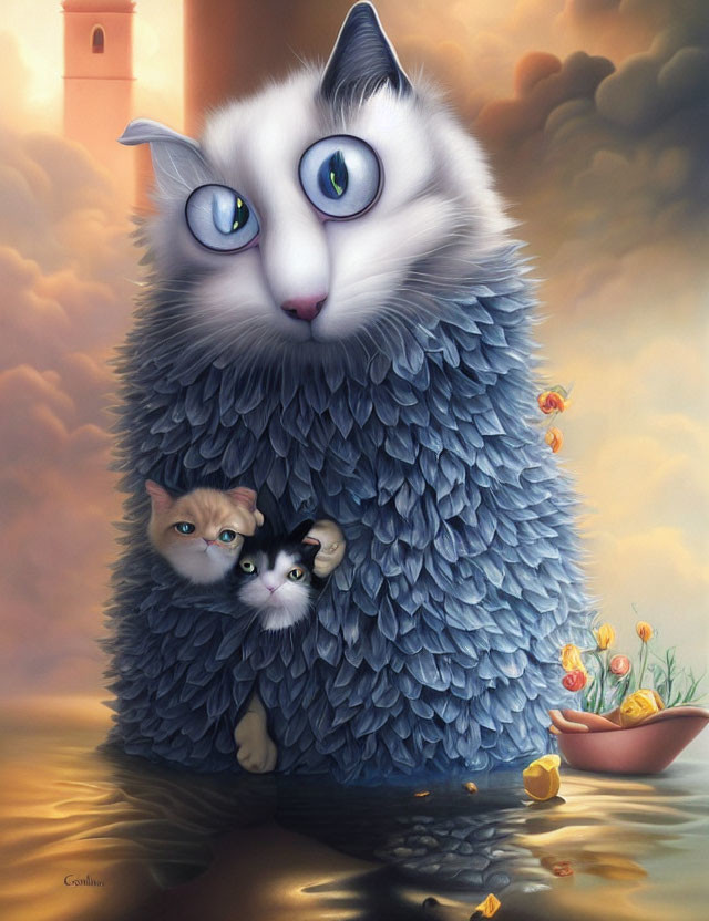 Whimsical painting of large cat with blue eyes and smaller cats in dreamy scene