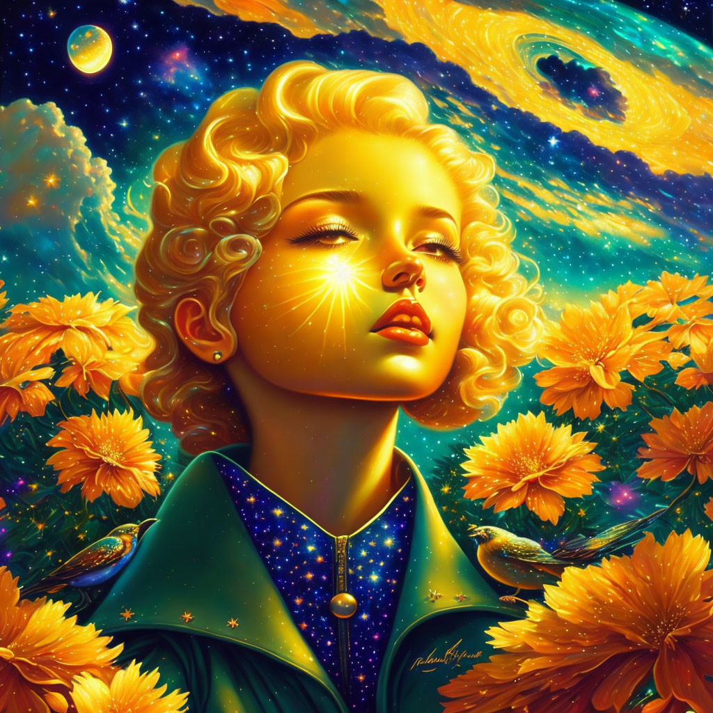 Portrait of woman with golden hair among sunflowers under celestial sky