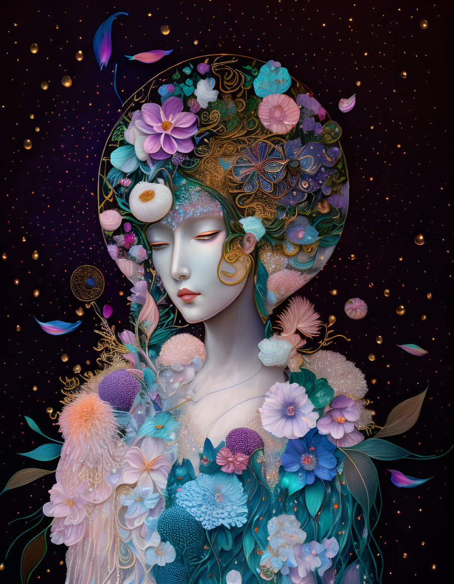 Detailed woman illustration with ornate headdress on starlit backdrop