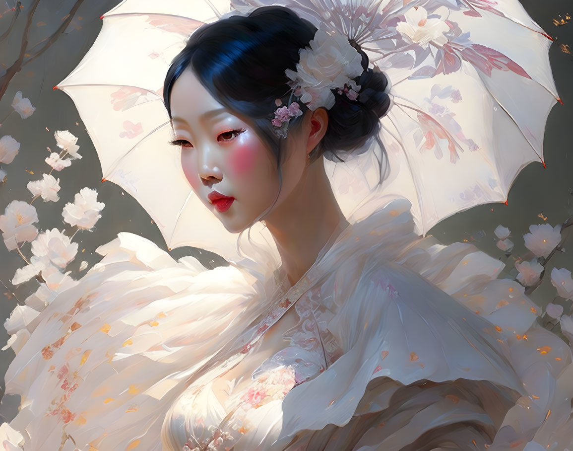 Traditional Attire Woman with White Parasol Among Pink Blossoms