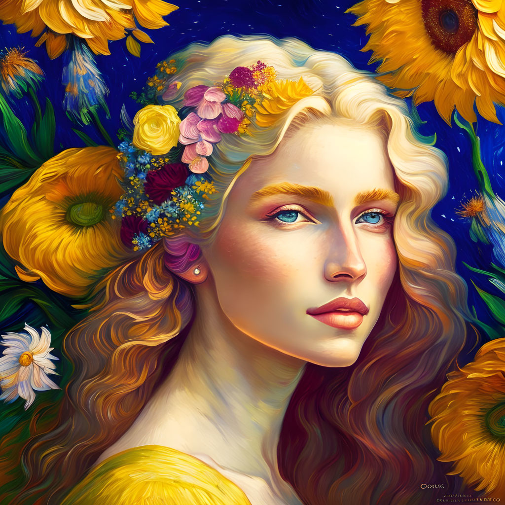 Colorful flowers adorn woman with golden hair in sunflower backdrop