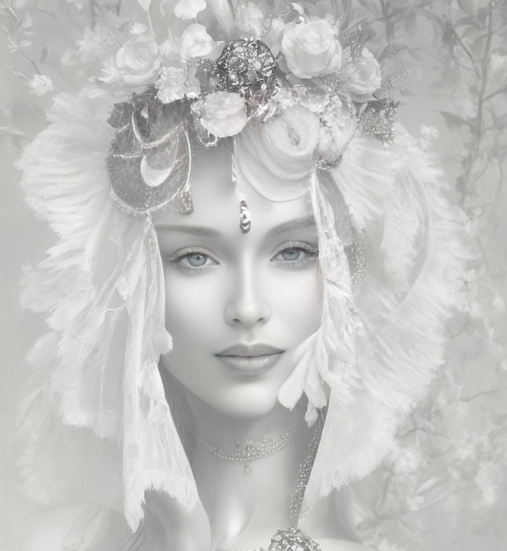 Monochrome portrait of woman with floral headdress and serene gaze