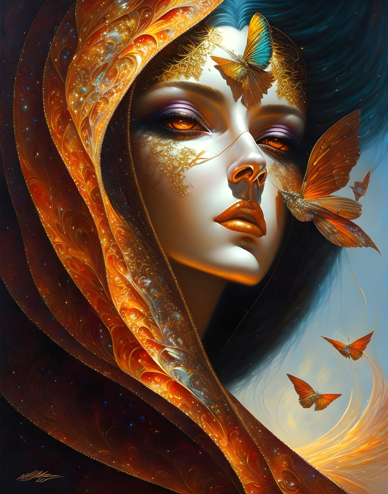 Detailed digital painting of woman with butterflies: vibrant colors, intricate patterns, mystical aura