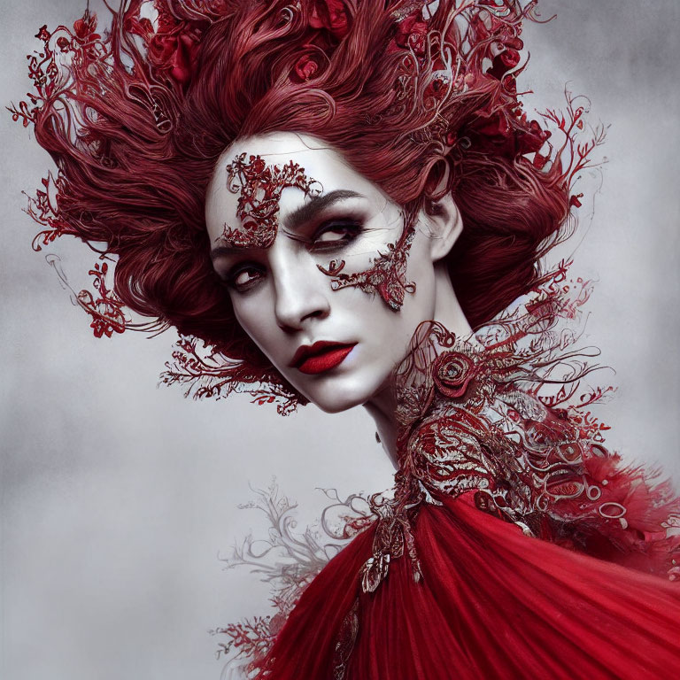 Striking red-haired woman with intricate lace patterns and ornate collar.