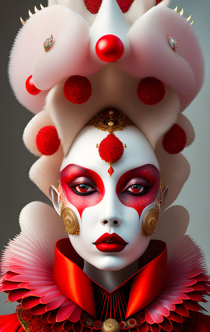 Stylized portrait featuring figure with white skin and red & gold makeup