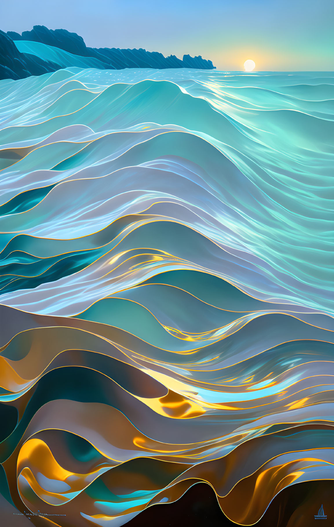 Ocean Waves Digital Artwork: Blue & Gold Sunset Theme