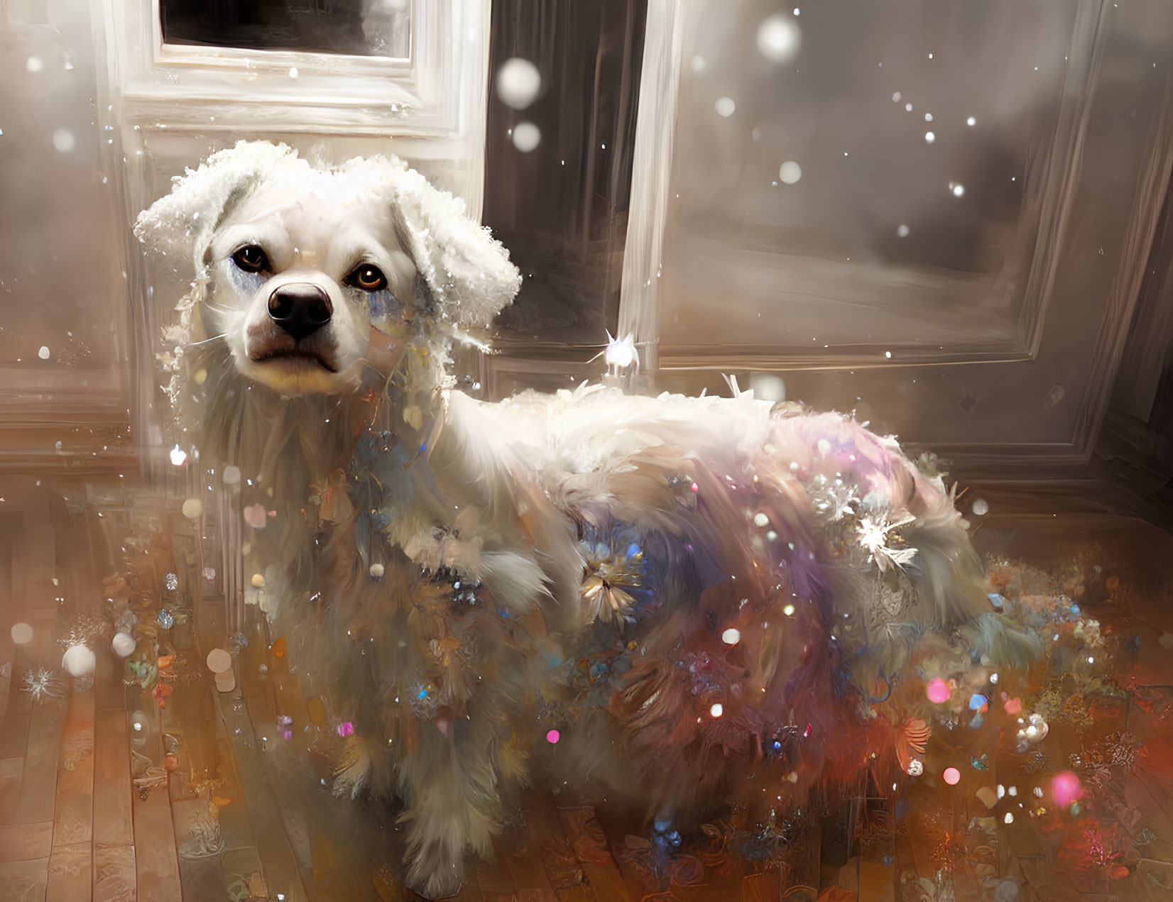 Fluffy white dog indoors with snowflakes, magical atmosphere