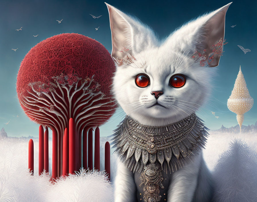 Digitally created white cat with red eyes in metal collar against whimsical landscape