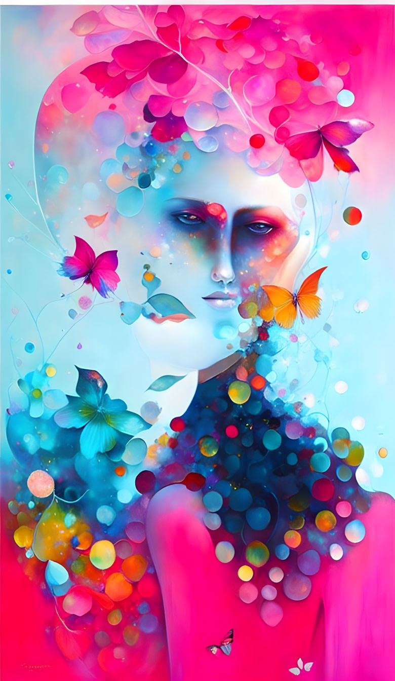 Colorful surreal portrait with face, butterflies, flowers, and orbs on vibrant gradient.