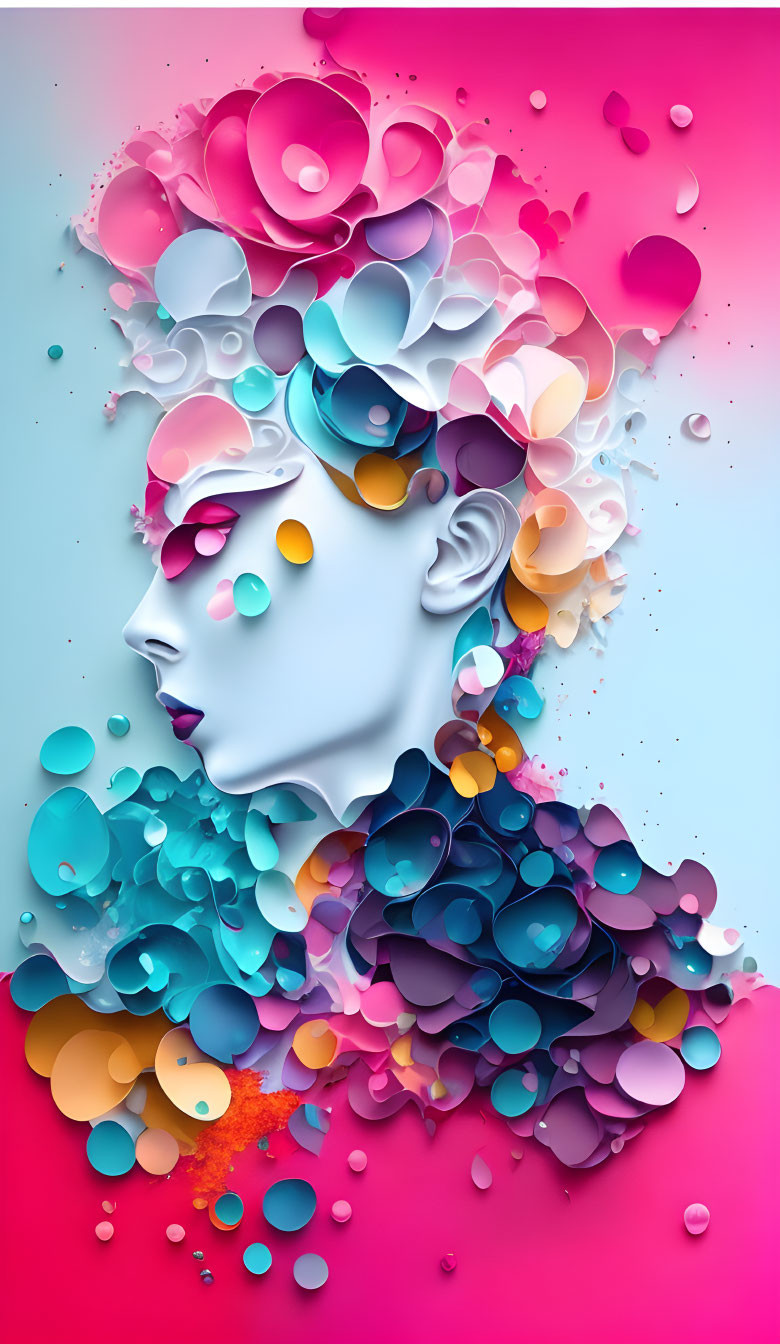 Colorful digital artwork: Stylized woman's profile with flowers and bubbles