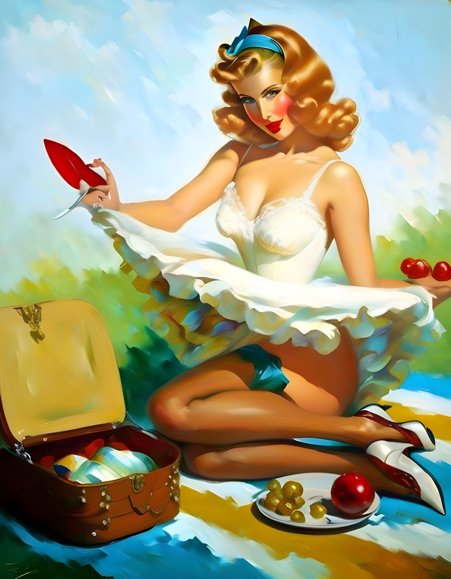 Vintage-style Illustration: Woman in Retro Swimwear with Suitcase, Fruit Plate, and Mirror