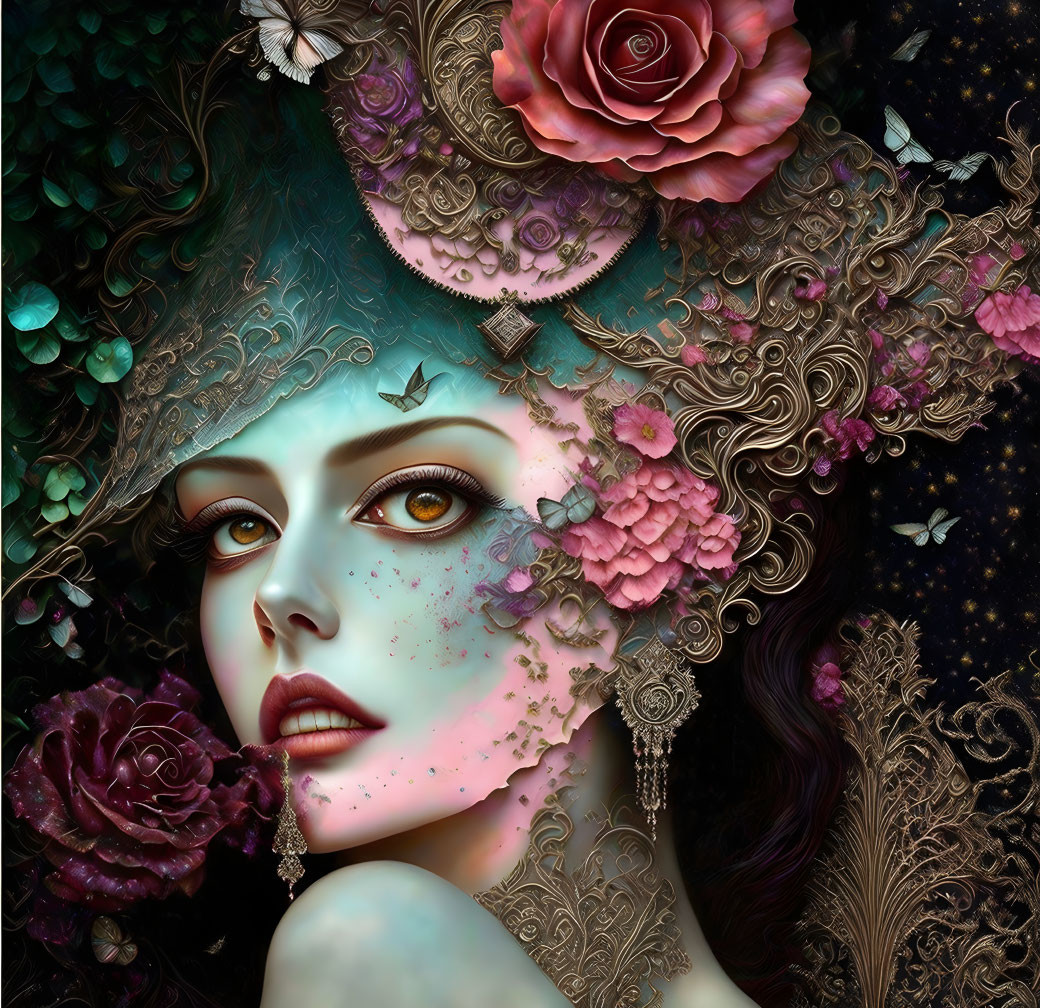 Digital artwork: Woman with botanical headpieces, vibrant makeup, intense gaze on dark backdrop