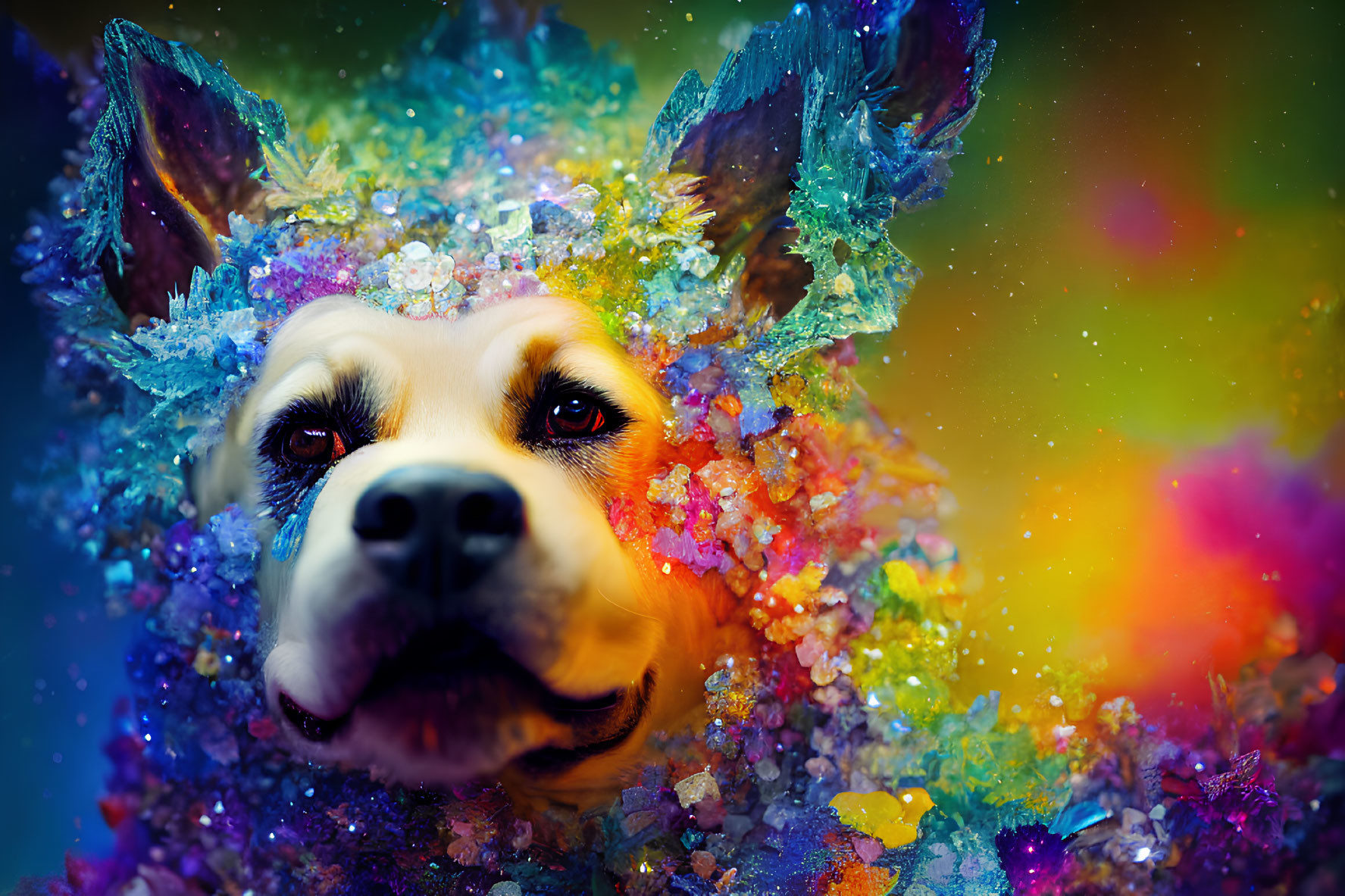 Vibrant dog portrait with crystalline structures on bokeh background