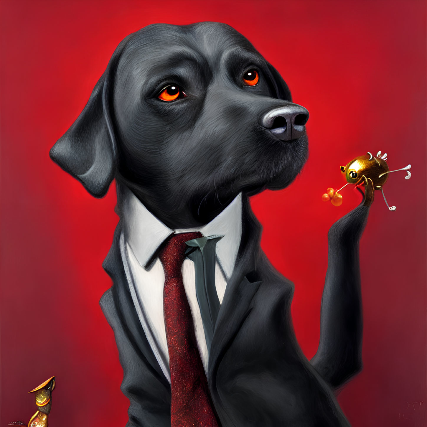 Stylized painting of black dog in suit with red tie holding goldfish on paw