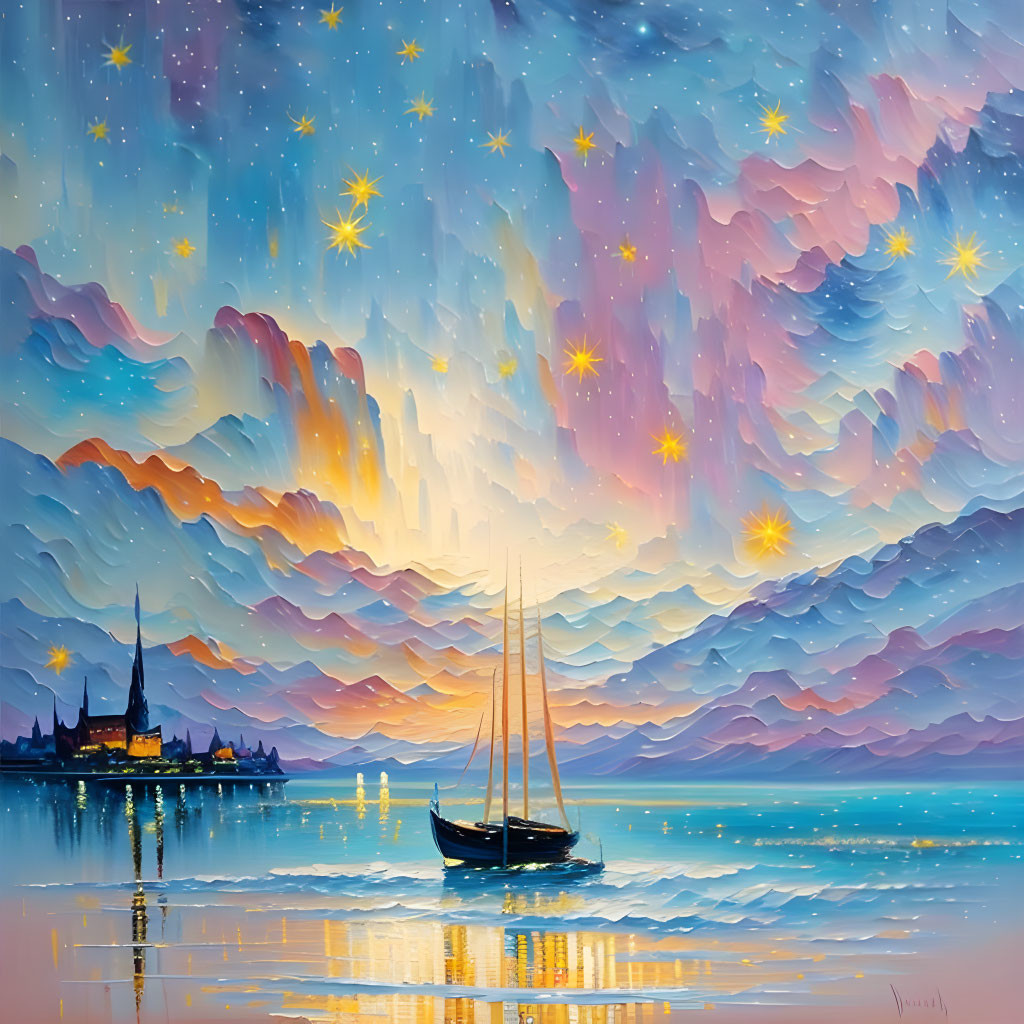 Colorful sailboat painting on tranquil waters with sunset sky and illuminated shoreline