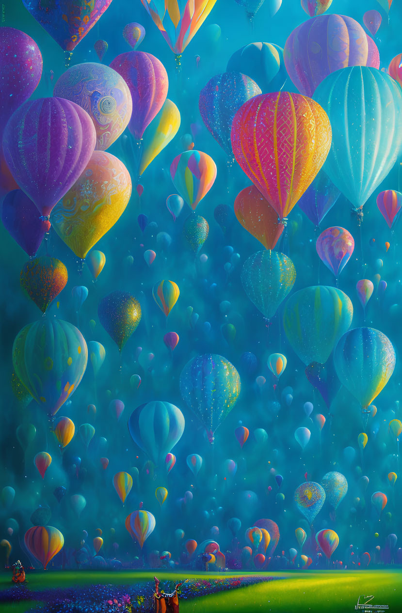 Colorful hot air balloons in blue sky with intricate patterns
