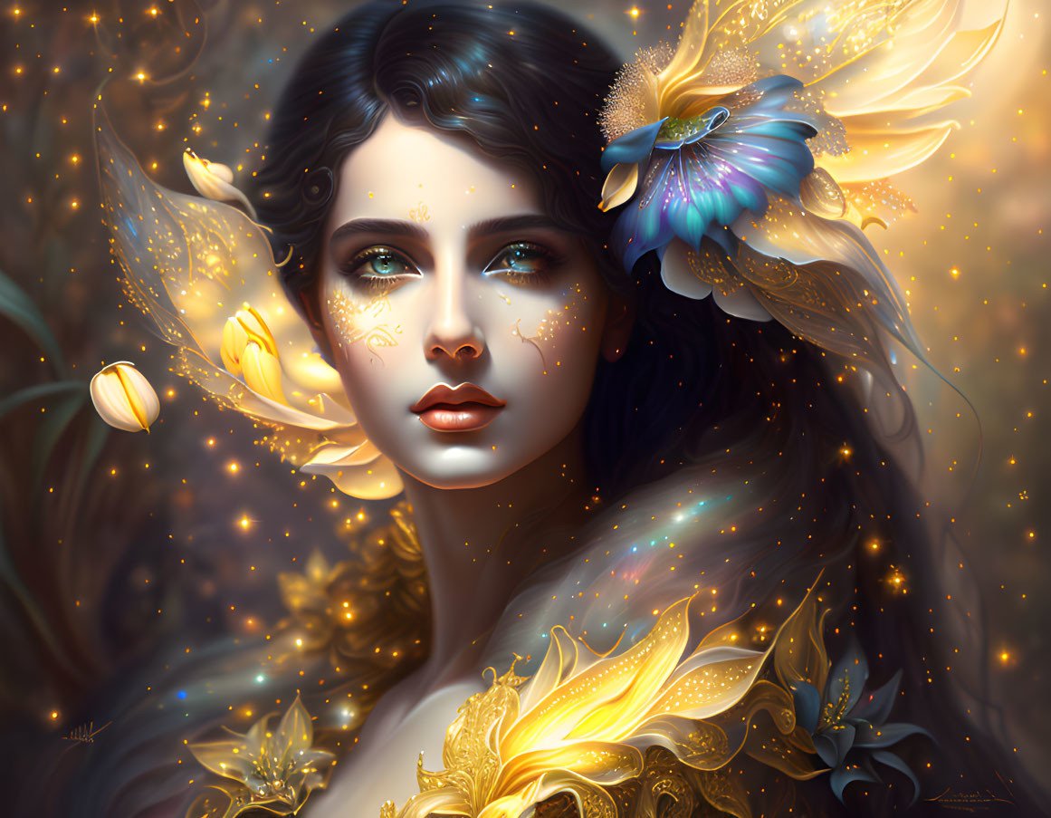 Fantasy portrait: Woman with golden accents, butterflies, and flowers.